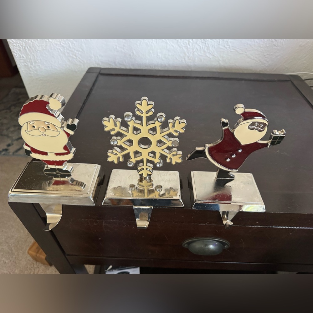 Christmas Enamel Stocking Holders with Chrome Base Hooks Set of 3